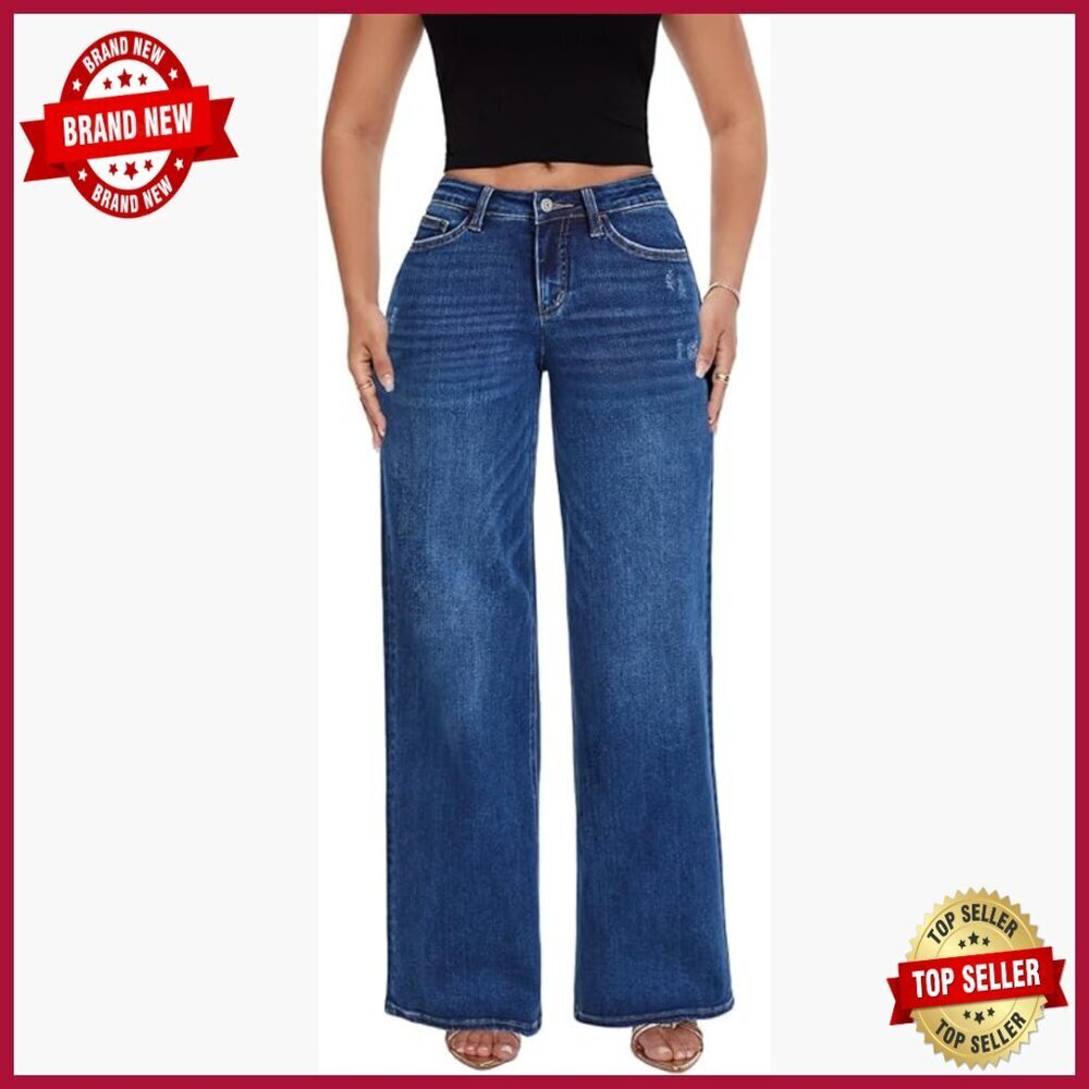 Stretchy Wide Leg Baggy Jeans Mid-Low Rise Boyfriend Fit Distressed Denim
